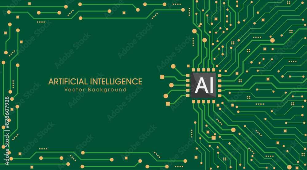 Poster Artificial intelligence technology CPU chipset with print circuit board, Technology concept design, Machine learning. Vector illustration for banner and web template. Abstract background.
