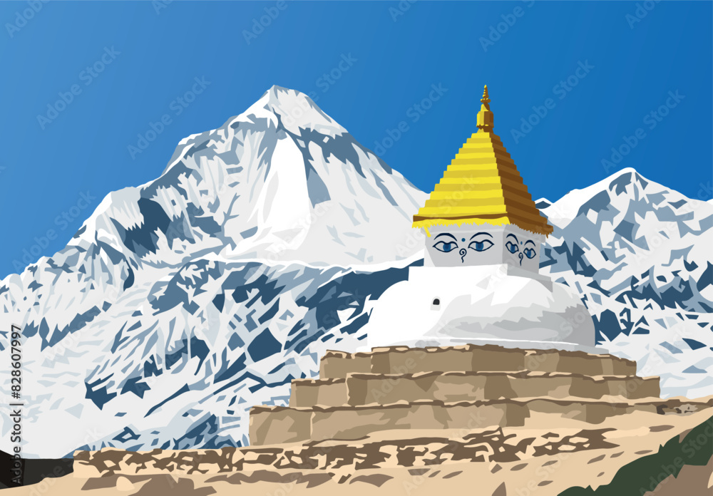 Poster mount dhaulagiri peak and buddhist stupa or chorten, buddhism in nepal himalayas mountains