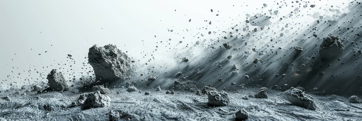 A cluster of large rocks protrudes from the water in the middle of a vast lake