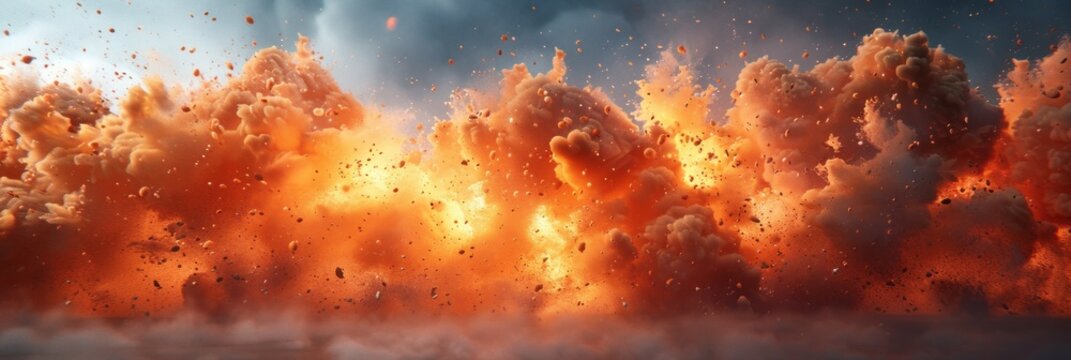 A dramatic event unfolds as orange and black clouds collide in a massive explosion
