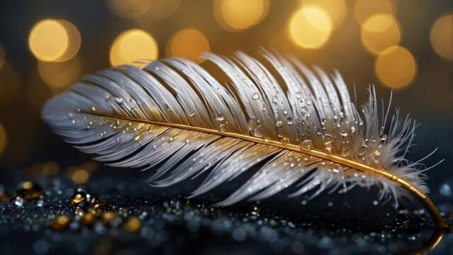 beautifully detailed gold feather with vibrant colors and water droplets. design element.