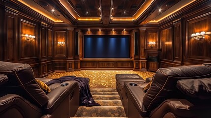 Luxurious home theater with leather seats wood paneling and soft lighting
