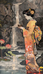 Fototapeta premium A graceful young woman in traditional Japanese attire stands beside a tranquil pond