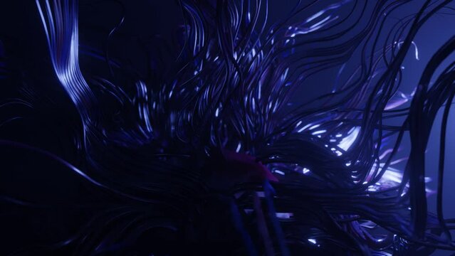 Mysterious background with live curved lines, close-up. live curls underwater like fur, multi-colored threads or hair. Mist and DOF bokeh effects. Volumetric lights. 4k seamless looped bg.