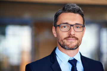 Corporate businessman, portrait and smile in office with confidence for leadership in finance company. Professional, employee and face of manager with mockup, pride for auditing career and glasses