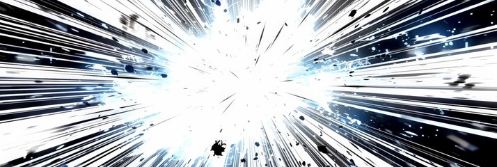 A white light with black lines radiating out from the center, creating an explosion effect in the comic book style. The white light is scattered in the center of an abstract black and white background