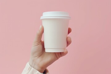 Mockup of a white coffee glass in hand on a soft pink background