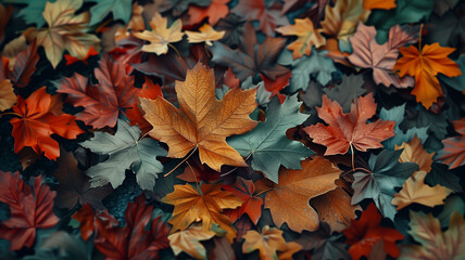 Colorful, beautiful and realistic fallen leaves, rainbow colored fallen leaves, copy space, space for text, Generative AI.色とりどりな綺麗なリアルな落葉、虹色の落葉、コピースペース,テキスト用スペース,Generative AI。