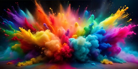 colorful powder explosion, vibrant rainbow colors, abstract paint splashes, color burst, dynamic motion, vivid palette, particle dispersion, multicolored cloud, artistic abstract background
