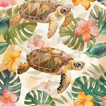 turtle with tropical flowers and leaf digital paper