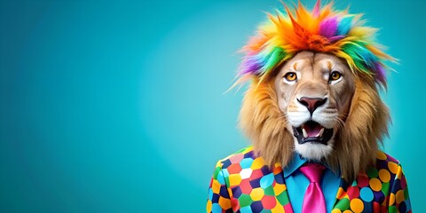 Lion in funny Wacky mismatched outfits on bright background. Birthday party invite invitation banner.