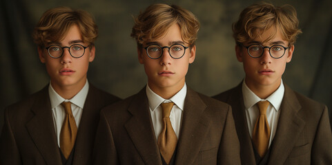 An elegant portrait photo of identical triplet teenage twin boys wearing suits