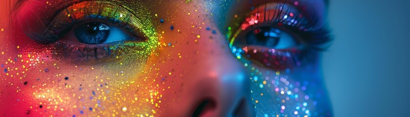 Close-up of a woman's eye with colorful glitter makeup.