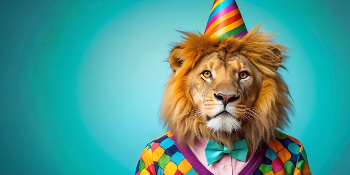Lion in funny Wacky mismatched outfits on bright background. Birthday party invite invitation banner.