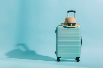 Obraz premium Minimalist Travel Scene with Shadowed Mint Green Suitcase and Hat