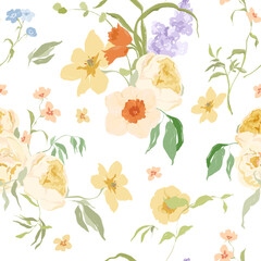 Watercolor abstract seamless pattern of lilac, narcissus and tulip. Hand drawn wildflowers isolated on white background. Holiday Illustration for design, print, fabric or background.