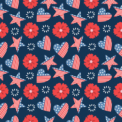 Seamless handdrawn pattern with poppy flower, american flag, stars and hearts. Vector design 4th of July.