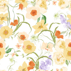 Watercolor abstract seamless pattern of narcissus, lilac and tulip. Hand drawn wildflowers isolated on white background. Holiday Illustration for design, print, fabric or background.