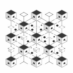 Futuristic Blockchain Technology Concept in Flat Design with Decentralized Systems Animation in Black and White