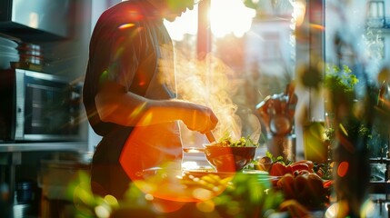 A visually stunning image capturing a chef preparing a gourmet dish with vibrant flavors. Close-up silhouette in a double exposure technique, highlighting the kitchen environment.