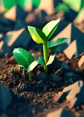 low poly plant growing in soil