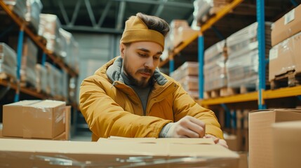 Male Warehouse Worker Sealing Cardboard Boxes