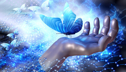 Robot hand with butterfly. 3d render