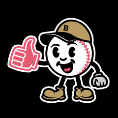 Baseball in the form of a cartoon character with a foam hand thumbs up on a dark background.