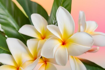 Naklejka premium Close-up of White and Yellow Plumeria Flowers, Detailed Petals, Tropical Blossom, Macro Photography, High Resolution, Nature Image, Floral Beauty