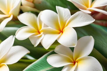Close-up of White and Yellow Plumeria Flowers, Detailed Petals, Tropical Blossom, Macro Photography, High Resolution, Nature Image, Floral Beauty