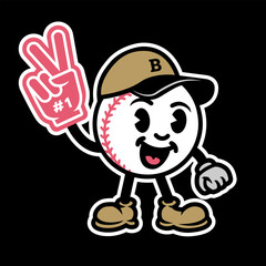 Baseball in the form of a cartoon character with a foam hand, a victory sign on a dark background.