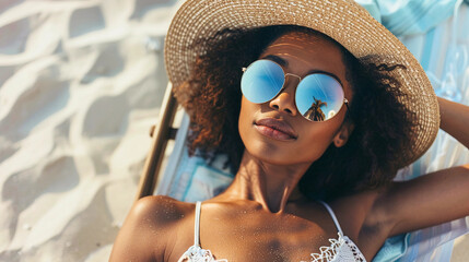 A woman with flowing hair reclines on a beach chair,  mirrored sunglasses shielding her eyes from the sun. A floppy straw hat with a wide brim provides shade and adds a touch of sophistication.