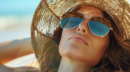 A woman with flowing hair reclines on a beach chair,  mirrored sunglasses shielding her eyes from the sun. A floppy straw hat with a wide brim provides shade and adds a touch of sophistication.