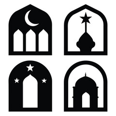 Set of Islamic window icons with mosque and crescent black vector on white background