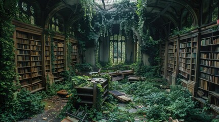 Overgrown library with plants reclaiming books and shelves under a cracked roof