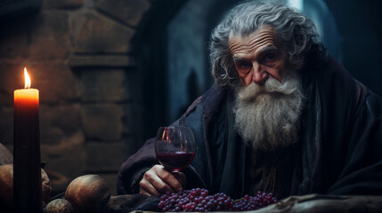 Obraz premium An old winemaker in his wine cellar, tasting wine.