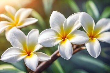 Fototapeta premium Close-up of White and Yellow Plumeria Flowers, Detailed Petals, Tropical Blossom, Macro Photography, High Resolution, Nature Image, Floral Beauty