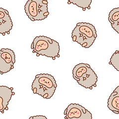 Cute kawaii little sheep. Seamless pattern. Smiling nice animal character. Hand drawn style. Vector drawing. Design ornaments.