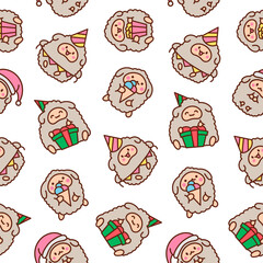 Cute kawaii little sheep. Seamless pattern. Smiling nice animal character. Hand drawn style. Vector drawing. Design ornaments.