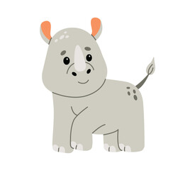 Cute baby rhino illustration image. Use it for happy birthday invitation cards, children's book covers, banner, poster. Flat vector illustration.