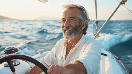 Happy smiling senior old man driving white luxury speedboat or motorboat on sea or ocean water. Retirement adventure for elderly male person, pensioner summer leisure