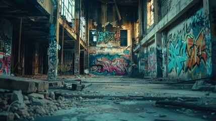 Obraz premium A graffiti covered room with a wall that says 
