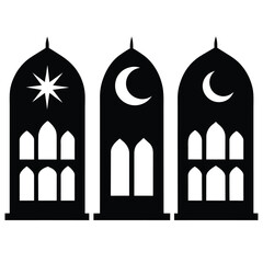 Set of Islamic window icons with mosque and crescent black vector on white background