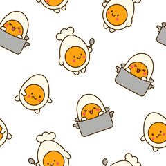 Cute kawaii boiled egg with funny faces. Seamless pattern. Cartoon happy food characters. Hand drawn style. Vector drawing. Design ornaments.