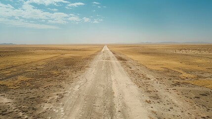 Endless Straight Desert Road Stretching into the Horizon under a Clear Blue Sky, Epitome of Solitude and Freedom in a Barren Landscape, 8K Ultra-Detail