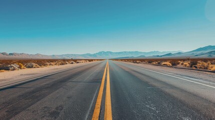 Fototapeta premium Endless Straight Desert Road Stretching into the Horizon under a Clear Blue Sky, Epitome of Solitude and Freedom in a Barren Landscape, 8K Ultra-Detail