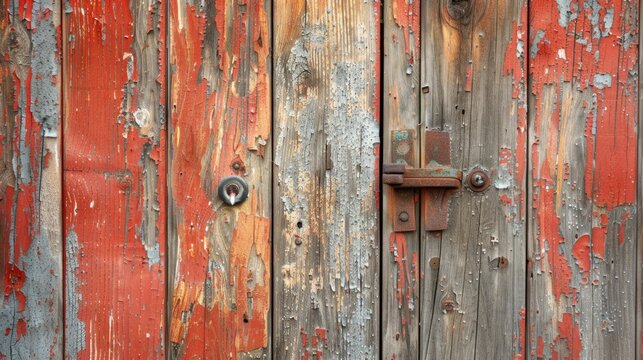 Peeling red paint on a weathered wooden door with rusted latch and keyhole