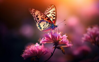 A colorful butterfly perched on a pink flower, illuminated by the warm glow of the setting sun.