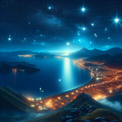 밝은 밤, 바다가 보이는 언덕과 반짝이는 별들(Bright night, hills and twinkling stars with a view of the sea)