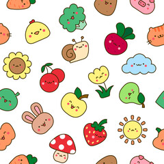 Kawaii cartoon farm characters. Seamless pattern. Cute animals, nature, vegetables, fruits, flowers. Hand drawn style. Vector drawing. Design ornaments.